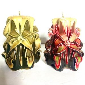 Set of 2 Unique vintage Artisan  hand carved 70s Glow ribbon candles Not Used.